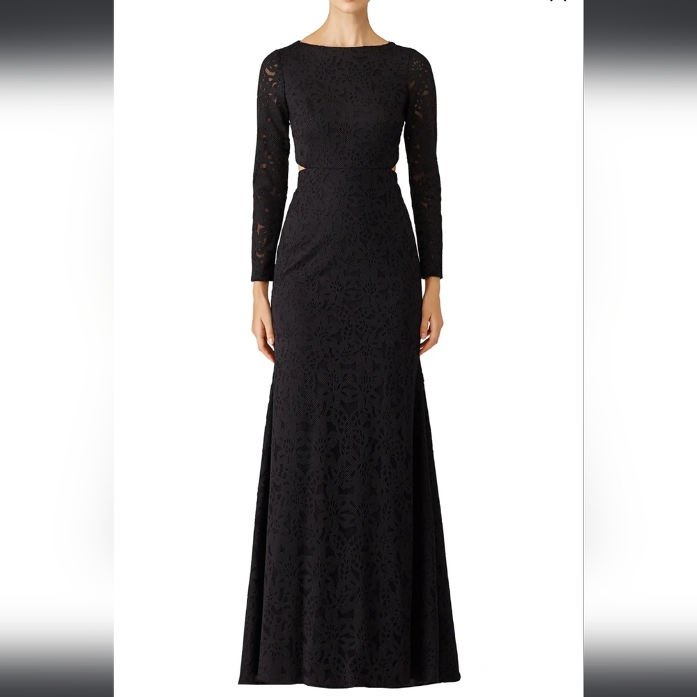 Monique Lhuillier Black Lace Floral Open Back Shadow Gown Women's 4